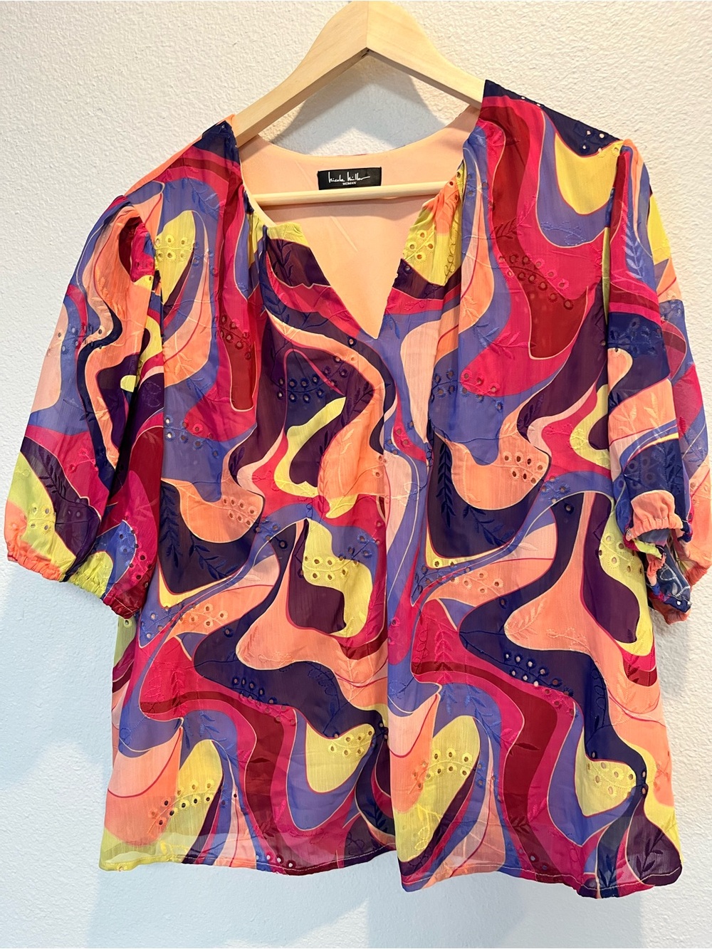 Nicole Miller Multicolor Swirl Puff-Sleeve Blouse